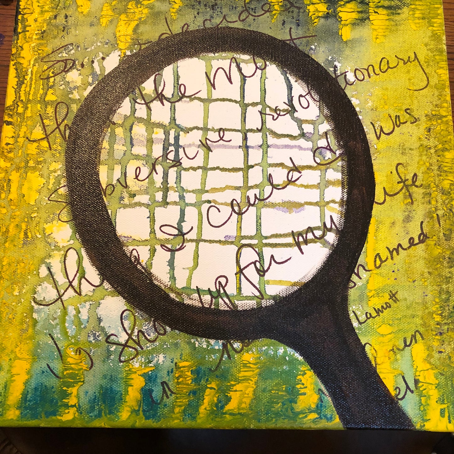 "Reflections" original mixed media work. Old-fashioned hand mirror and buttons.