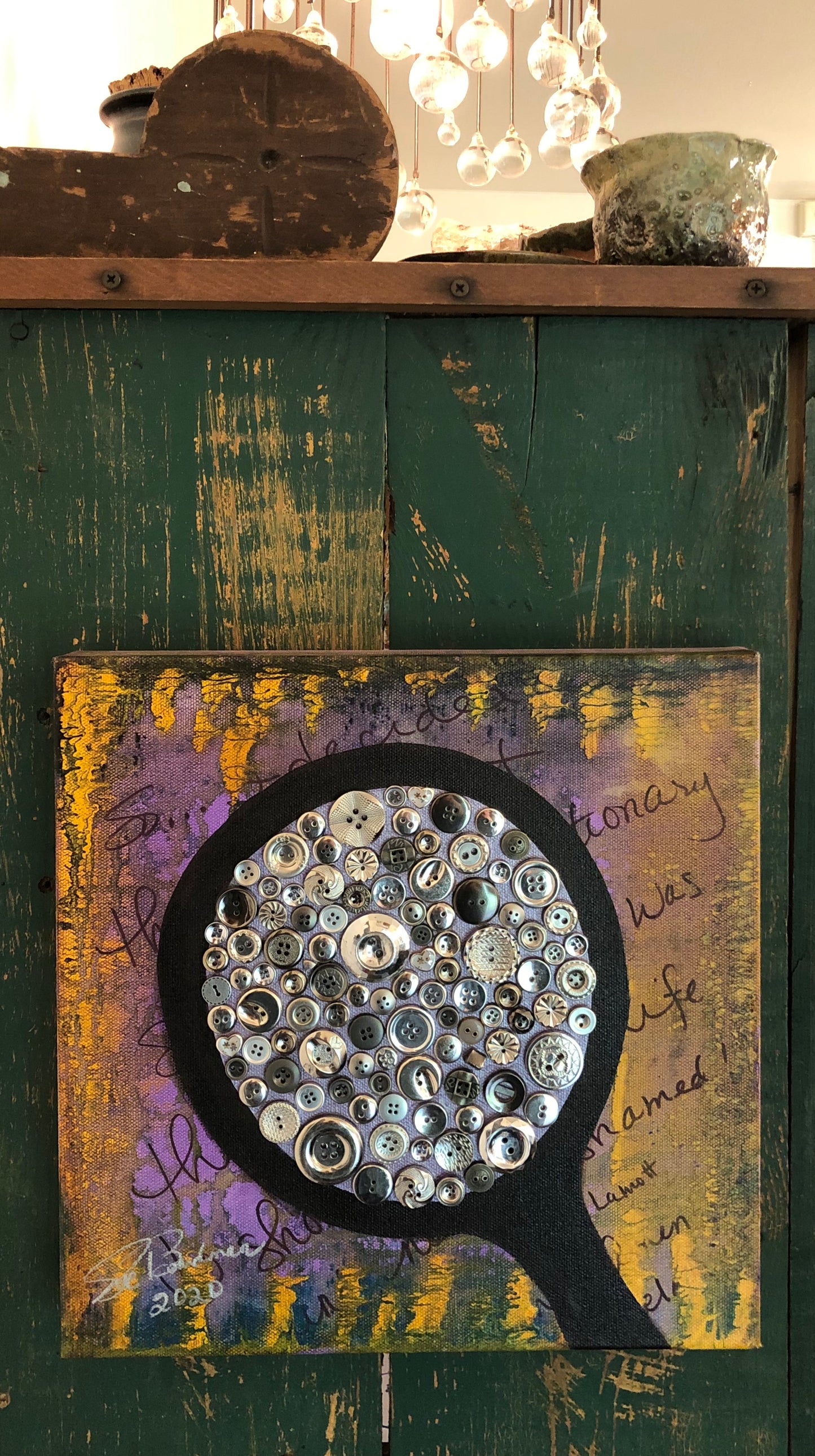 "Reflections" original mixed media work. Old-fashioned hand mirror and buttons.