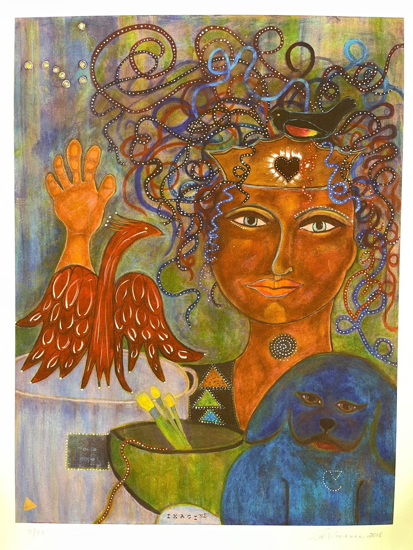 "She Follows Her Heart". Original Art print on canvas, Feminine figure with Newf and Soup Pot