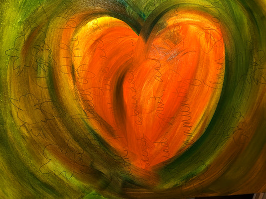"Heart of Creation"  11x14” Art Print, Original Artwork, Orange Heart on layered Green Background.