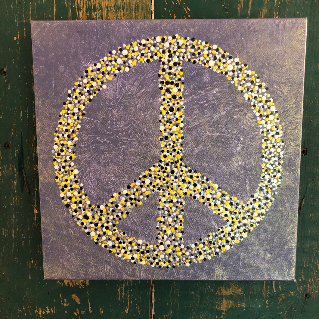 Original Art on small square canvas, Peace symbol, Purple with metallics