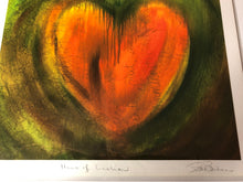 Load image into Gallery viewer, &quot;Heart of Creation&quot;  11x14” Art Print, Original Artwork, Orange Heart on layered Green Background.
