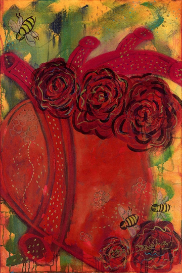 "Honey in Your Heart" original acrylic painting on wrapped canvas. Divine Feminine imagery in deep reds and golds, accented by bees and honey comb.